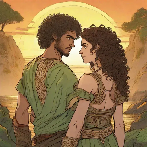 Prompt: A mixed man with curly hair and large green eyes stands next to a brunette Amazon woman, and they watch the sunset together. 

Over the shoulder shot, sunny, happy, dynamic poses, Celtic, Greek, ancient world, high detail