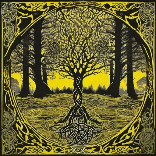 Prompt: A bold monochrome yellow screen print of a mixed warrior with curly hair, interlaced with mirrored celtic knot trees and landscape motifs. No other color present, sharp outlines, symmetrical composition. Created Using: monochrome palette, graphic design precision, single color screenprinting technique, occult patterns, symmetrical balance, high contrast, stylized forest motifs, hd quality --ar 4:5