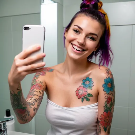 Prompt: tall young women with colorful floral tattoos sleeve on one arm talking a selfie video in her bathroom in front of her mirror, detailed bathroom background, she has a cute smile and says" thanks Chaddie for the laughs, i need it"