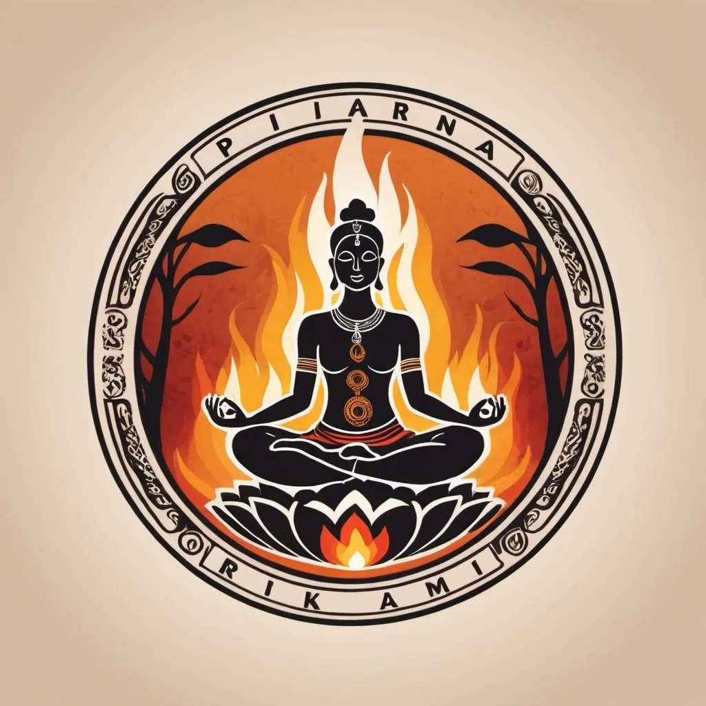 Prompt: Create a logo for 3 day workshop involving meditation, yoga, djembe drumming and fire walking. The workshop will be called Pikiran Ritme Api and should incorporate all of the elements in the logo, with a djembe drum
