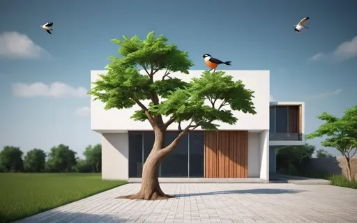 Prompt: Exterior desgn. Tree, bird, background