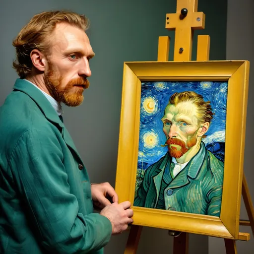 Prompt: Van Gogh painting portrait of Da Vincci, and Da Vincci painting Van Gogh.