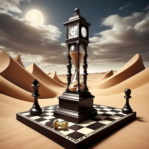 Prompt: Chess board desert. surrealism. grandfather clock and hourglass on never ending staircase
