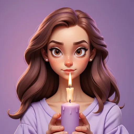 Prompt: Create a logo for a candle Instagram shop. It should contain a girl (me as a creator) with brown straight hair, big brown eyes, a pastel purple background, and a candle on a logo. The girl should be created in Disney style.