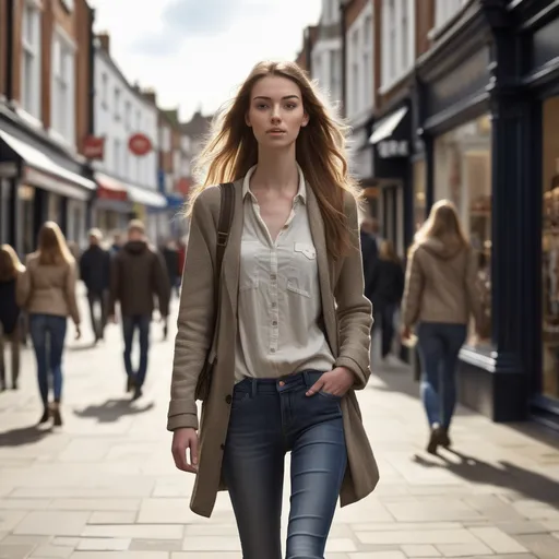 Prompt: Tall young woman walking down the high street, detailed clothing, realistic, natural lighting