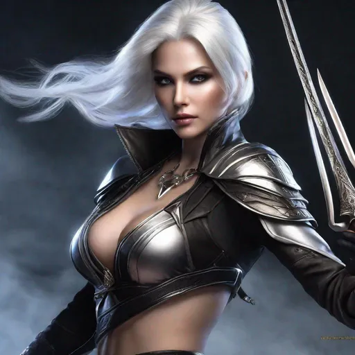 Prompt: Dark face makeup, fair skin complexion, feminine face, lady with silky white hair wearing fantasy assassin style leather outfit in a combat pose holding 2 daggers, ultra resolution, ultra enhanced, solo, enhanced shadows, realistic skin, masterpiece, professional lighting, hourglass figure