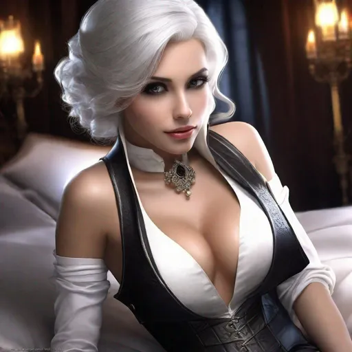 Prompt: Dark face makeup, fair skin complexion, feminine face, lady with smart professional style white hair wearing fantasy style vest and tight brown leather skirt with black stockings laying on stomach on top of a bed, ultra resolution, ultra enhanced, solo, cleavage, enhanced shadows, realistic skin, masterpiece, professional lighting, hourglass figure, small shoulders, revealing dark leather underwear, view from backside