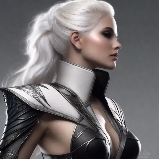Prompt: Dark face makeup, fair skin complexion, feminine face, lady with silky white hair wearing fantasy style leather bodysuit, sword, ultra resolution, ultra enhanced, solo, enhanced shadows, masterpiece, professional lighting, hourglass figure, skimpy extravagant fantasy style, solid tights, view from behind