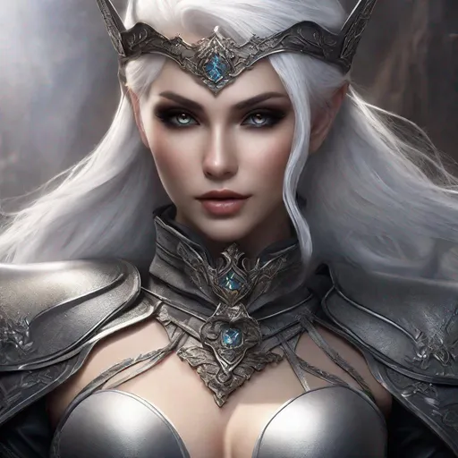 Prompt: Dark face makeup, fair skin complexion, feminine face, lady with silky white hair wearing fantasy style leather bodysuit, sword, ultra resolution, ultra enhanced, solo, enhanced shadows, masterpiece, professional lighting, hourglass figure, skimpy extravagant fantasy style, solid tights, view from behind
