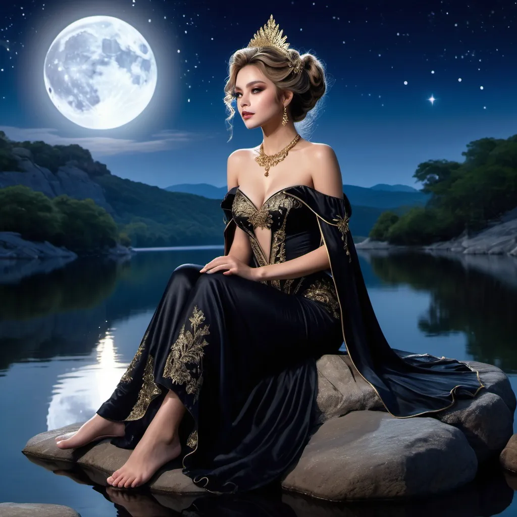 Prompt: Dark face makeup, fare skin complexion, feminine face, lady with elaborate stylized hair, wearing black fantasy stylized laced gown with capelet sitting on a rock by the side of a lake against a moonlit nightsky background. ultra resolution, ultra enhanced, solo, bare feet, cleavage, enhanced shadows, realistic skin, masterpiece, professional lighting, gold embroidery