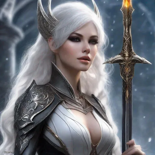 Prompt: Dark face makeup, fair skin complexion, feminine face, lady with silky white hair wearing fantasy style leather bodysuit, sword, ultra resolution, ultra enhanced, solo, enhanced shadows, masterpiece, professional lighting, hourglass figure, skimpy extravagant fantasy style, solid tights, view from behind