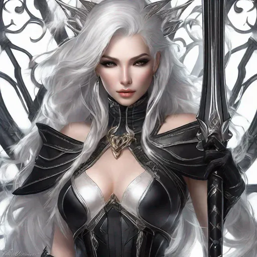 Prompt: Dark face makeup, fair skin complexion, feminine face, lady with silky white hair wearing fantasy style leather bodysuit, wielding a fantasy weapon, ultra resolution, ultra enhanced, solo, enhanced shadows, realistic skin, masterpiece, professional lighting, hourglass figure, skimpy extravagant fantasy style, revealing legs, backside view, anatomy detail