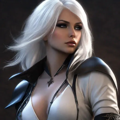 Prompt: Dark face makeup, fair skin complexion, feminine face, lady with silky white hair wearing fantasy assassin style leather outfit posing by prowling, ultra resolution, ultra enhanced, solo, enhanced shadows, realistic skin, masterpiece, professional lighting, hourglass figure