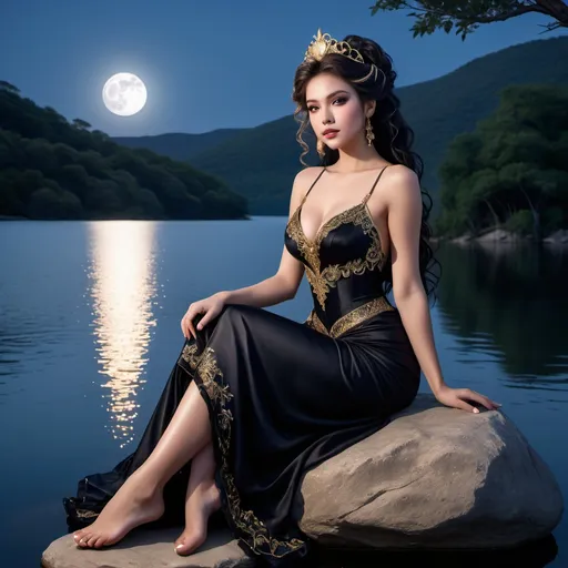 Prompt: Dark face makeup, fair skin complexion, feminine face, lady with elaborate stylized hair, wearing skimpy black fantasy stylized laced gown with capelet sitting on a rock by the side of a lake against a moonlit nightsky background. ultra resolution, ultra enhanced, solo, bare feet, cleavage, enhanced shadows, realistic skin, masterpiece, professional lighting, gold embroidery, revealing leg