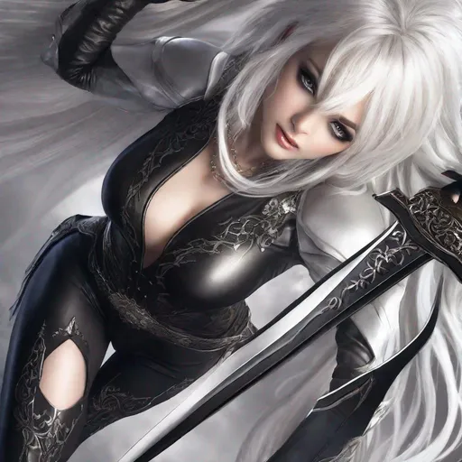 Prompt: Dark face makeup, fair skin complexion, feminine face, lady with silky white hair wearing fantasy style leather bodysuit, sword, ultra resolution, ultra enhanced, solo, enhanced shadows, masterpiece, professional lighting, hourglass figure, skimpy extravagant fantasy style, solid tights, view from behind