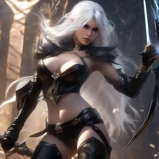 Prompt: Dark face makeup, fair skin complexion, feminine face, lady with silky white hair wearing fantasy style leather bodysuit, wielding a fantasy weapon, ultra resolution, ultra enhanced, solo, enhanced shadows, realistic skin, masterpiece, professional lighting, hourglass figure, skimpy extravagant fantasy style, revealing legs, backside view