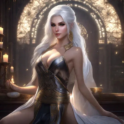 Prompt: Dark face makeup, fair skin complexion, feminine face, lady with silky white hair wearing fantasy RPG style robe, posing by kneeling down on one knee, ultra resolution, ultra enhanced, solo, enhanced shadows, realistic skin, masterpiece, professional lighting, hourglass figure