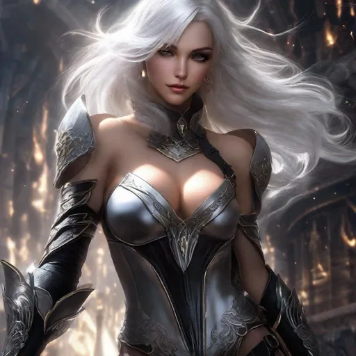 Prompt: Dark face makeup, fair skin complexion, feminine face, lady with silky white hair wearing fantasy style leather bodysuit, wielding a fantasy weapon, ultra resolution, ultra enhanced, solo, enhanced shadows, realistic skin, masterpiece, professional lighting, hourglass figure, skimpy extravagant fantasy style, revealing legs, backside view, anatomy detail