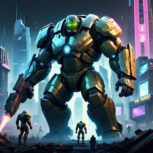 Prompt: Create a cinematic, high-octane action scene set in a dystopian future. The focus should be on a fearless protagonist with futuristic, battle-worn armor, holding a glowing energy weapon. They are in the middle of an epic showdown against a massive, hulking robotic enemy, towering over them. The background should depict a sprawling, neon-lit cityscape, with towering skyscrapers and flickering holograms, all shrouded in a thick, atmospheric haze. The composition should mimic a film still, with a dramatic low-angle shot that emphasizes the scale of the city and the intensity of the battle. Use dynamic lighting to cast long shadows, highlighting the hero's silhouette against the glowing city lights. Add cinematic effects like motion blur, sparks flying from the collision of energy blasts, and rain softly falling to intensify the action. The art style should blend realistic textures with cinematic flare, creating an immersive, visually striking moment that feels straight out of a high-budget sci-fi video game cutscene