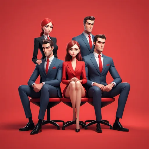 Prompt: like the animation's main image. two tall and handsome guys are wearing the suit, a normal girl is sitting between the guys. the red color background