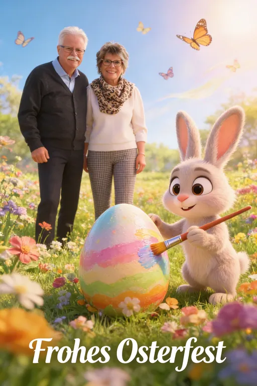 Prompt: Two people from reference image 1, friendly and professional appearance, standing together in a bright spring meadow full of colorful flowers. A super cute Easter bunny with big expressive eyes and fluffy fur is painting a large Easter egg with an oversized brush in vibrant pastel colors. Warm sunlight, soft glow, butterflies in the air, gentle breeze, cinematic Pixar-style lighting, detailed textures, joyful spring atmosphere. Elegant but warm composition suitable for a business Easter card. At the bottom of the image, clean and tasteful lettering in German: "Frohes Osterfest". High-quality Pixar animation look, vertical postcard format, aspect ratio 2:3.
