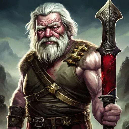 Prompt: Fantasy Portrait: muscular and old man with missing right hand and bloody bandages over the eyes holds a golden war hammer in his left hand.  A large sword floats to his side.  He glows with a strange radiance.
