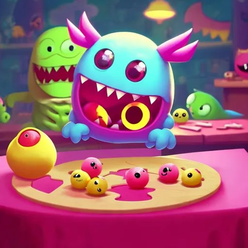 Prompt: a cute pink pac-man shaped monster with 2 big eyes and lots of sharp teeth and 1 medium sized devil tail eating a table