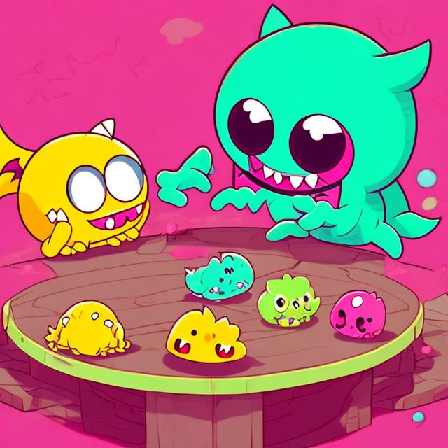 Prompt: a cute pink pac-man shaped monster with 2 big eyes and lots of sharp teeth and 1 medium sized devil tail eating a table