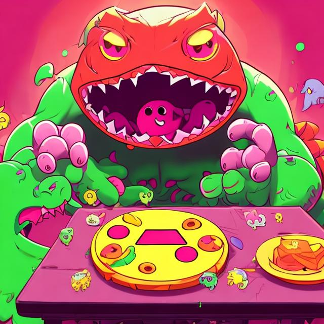 Prompt: a pink pac-man shaped monster with 2 big eyes and lots of sharp teeth and 1 medium sized devil tail eating a table