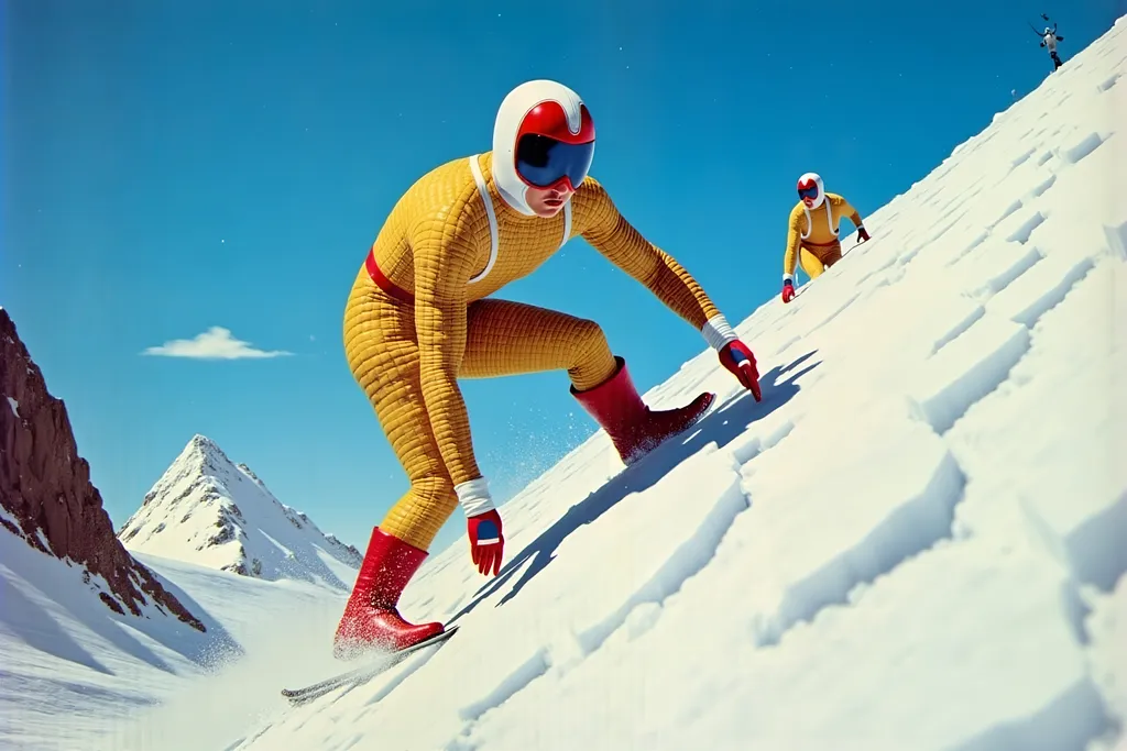 Prompt: masked  luchador wrestler in bodysuit made of corn  ice climbing a mountain.
retrofuturism style 