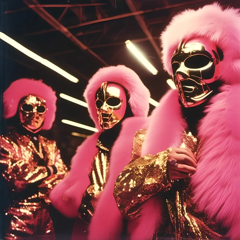 Prompt: <mymodel>  2  luchadores fighters dressed in dark pink and gold and black sparkly fur  jacket and mask and bodysuit playing darts  in a warehouse  , faded photo, light leak, film burn ,fish eye lens, wide lens, 8m"m lens, lens flare