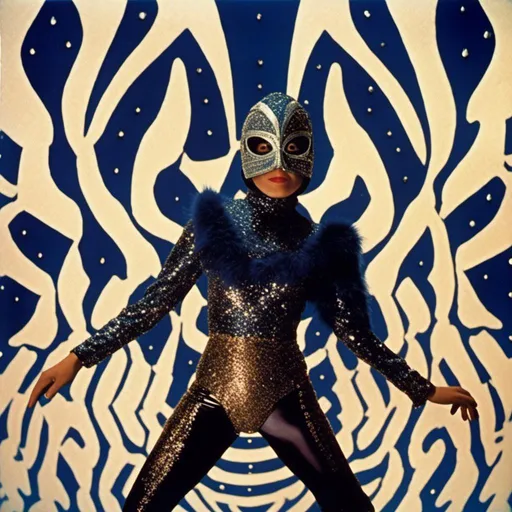 Prompt: <mymodel> female luchador fighter dressed in bronze and dark blue sparkly fur  jacket and mask and bodysuit dancing , faded photo ,fish eye lens, wide lens, 8m"m lens, 