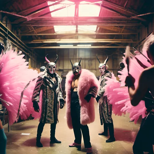 Prompt: <mymodel>  2  luchadores fighters dressed in dark pink and silver and black sparkly fur  jacket and mask and bodysuit playing darts  in a warehouse  , faded photo, light leak, film burn ,fish eye lens, wide lens, 8m"m lens, lens flare