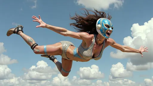 Prompt: masked  luchador wrestler in  sparkly  bodysuit   sky diving
retrofuturism style , photography 