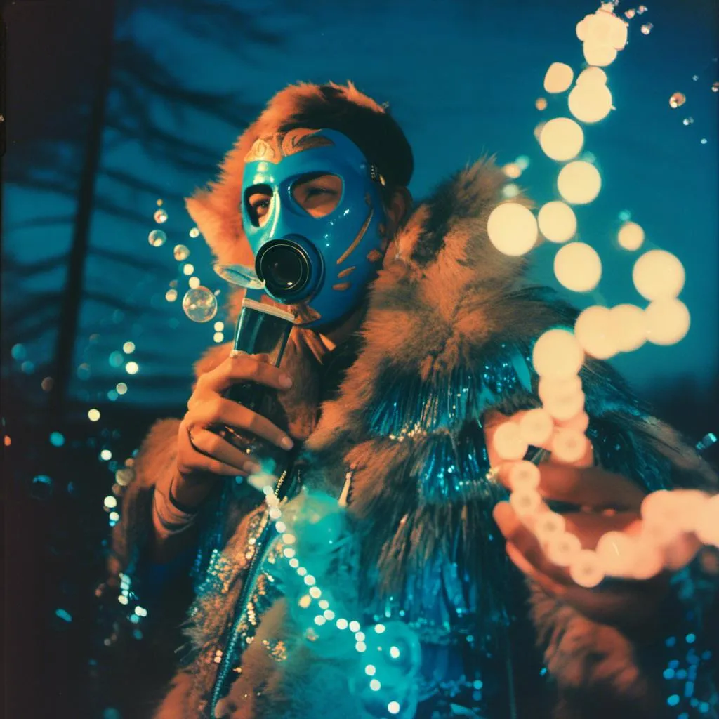 Prompt: <mymodel>  photo , film , flash .
night shot, flash luchador fighter dressed in  neon blue sparkly fur  jacket and mask and bodysuit blowing bubbles r, faded photo, light leak, film burn, flash ,fish eye lens, wide lens, 8m"m lens, lens flare, polaroid, high contrast, low angle