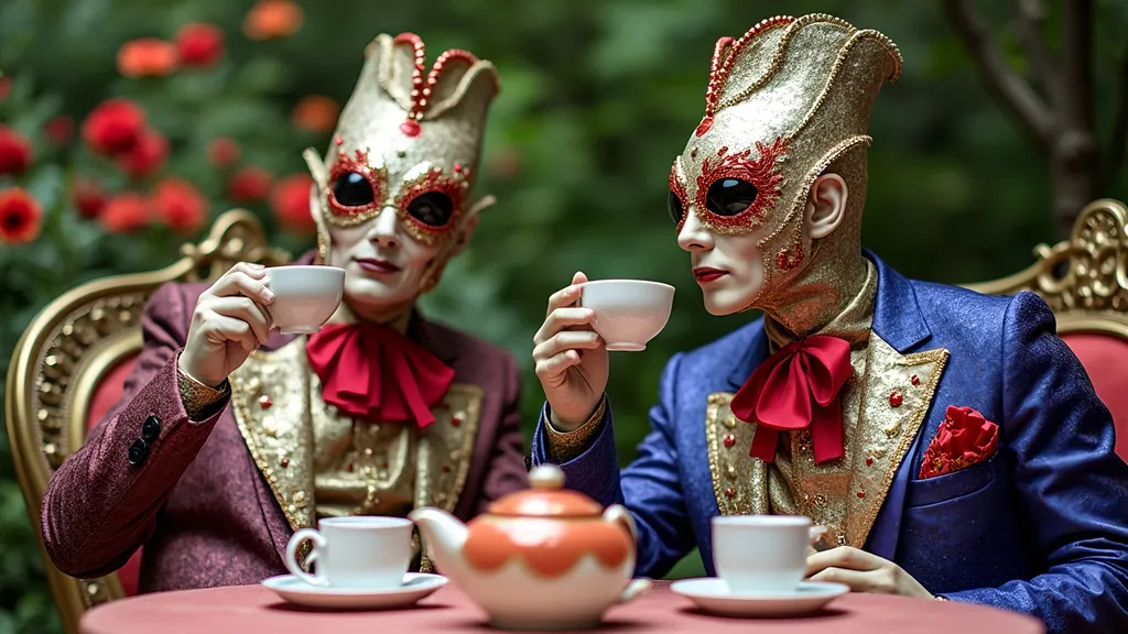 Prompt:  2 masked luchador dressed colorful sparkly feathered  suit, drinking tea  in a fancy garden