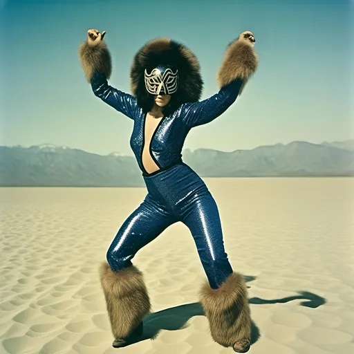 Prompt: <mymodel> female luchador fighter dressed in bronze and dark blue sparkly fur  jacket and mask and bodysuit dancing , faded photo ,fish eye lens, wide lens, 8m"m lens, 