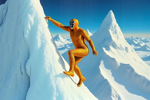 Prompt: masked  luchador wrestler in bodysuit made of corn  ice climbing a mountain.
retrofuturism style 