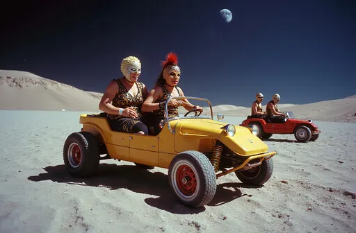 Prompt: small group older masked female luchador wrestlers (all characters are wearing very elaborate bodysuits and full face masks), they are  riding dune buggies on the surface of the moon  Arie Smit, retrofuturism, Ekta chrome photograph, a colorized photo, low-fidelity dreamy aesthetic, flare, low quality, analog photography David LaChapelle, magical realism.