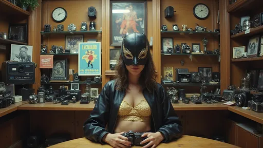 Prompt: a cinematic longshot scene taking place in a vintage camera shop. the walls are full of cabinets with old and vintage camera equipment and also vintage luchador wrestling posters . a female luchador siting alone in the store (she is wearing very elaborate luchador costume with full face luchador mask).  Ekta chrome photograph, a colorized photo, low-fidelity dreamy aesthetic, flare, analog photography 