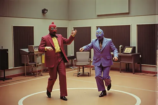 Prompt: masked male and female  luchadores wrestlers in a vintage 1950 jail outdoor court scene, playing a big band swing band in 1950s swing style suits. wearing 1950s fashion made of corn, Lomography 