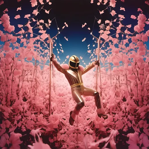 Prompt: <mymodel>night shot, flash luchador fighter dressed in light pink and gold sparkly fur  jacket and mask and bodysuit swinging from the on a huge swing in a fields of dead flowers
retrofuturism, faded photo, light leak, film burn, flash ,fish eye lens, wide lens, 8m"m lens, lens flare, polaroid, high contrast, low angle