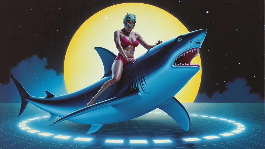 Prompt: female Luchador wrestler (dressed in full body luchador costume with full face luchador mask) riding  a huge shark, lens flare, wide angle, dynamic pose , retro futurism