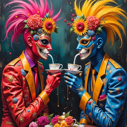 Prompt:   2 masked luchador dressed colorful sparkly feathered  suit, drinking tea  in a fancy garden