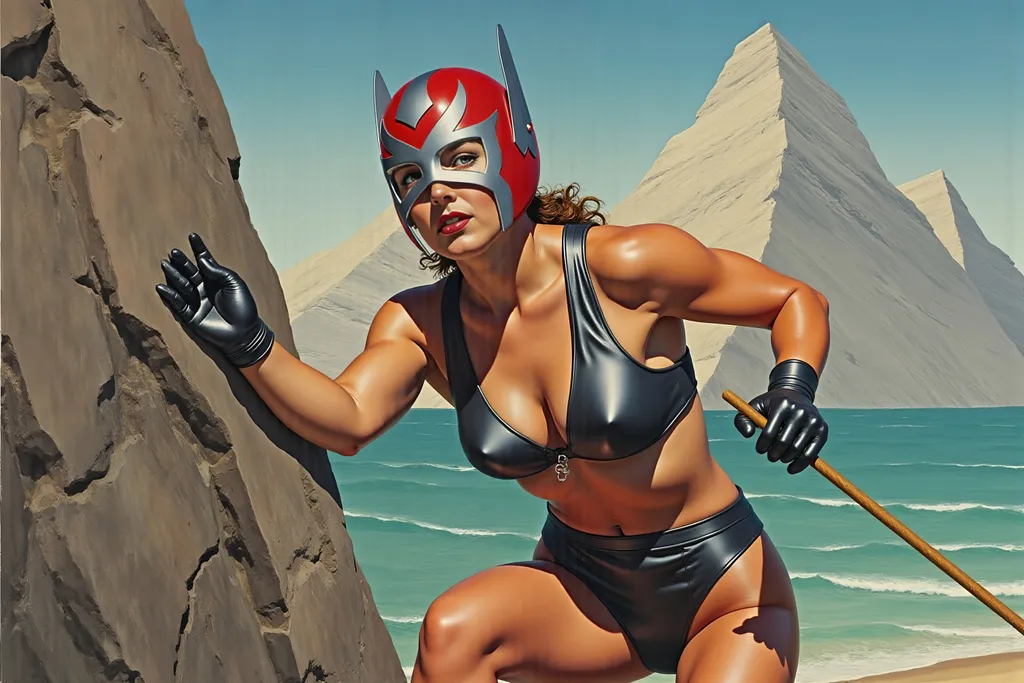 Prompt: masked female luchador wrestler rock climbing a mountain