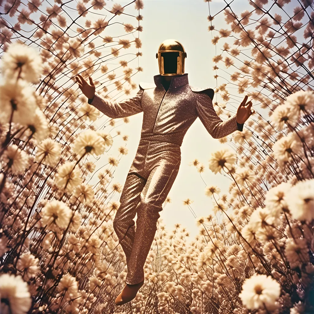 Prompt: <mymodel> <mymodel> luchador fighter dressed like Elvis in sparkly bronze and white  mask and bodysuit swinging from the on a huge swing in a fields of dead flowers
retrofuturism, faded photo, light leak, film burn, flash ,fish eye lens, wide lens, 8m"m lens, lens flare, polaroid, high contrast, low angle