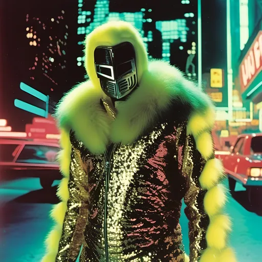 Prompt: <mymodel>  night shot, flash luchador fighter dressed in  dark neon yellow gold sparkly fur  jacket and mask and bodysuit pumping gas
retrofuturism, faded photo, light leak, film burn, flash ,fish eye lens, wide lens, 8m"m lens, lens flare, polaroid, high contrast, low angle, motion blur, slow shutter