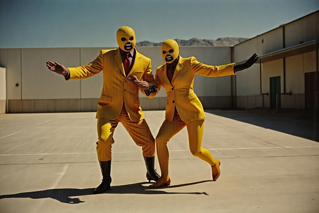 Prompt: masked male and female  luchadores wrestlers in a vintage 1950 jail outdoor court scene, playing a big band swing band in 1950s swing style suits. wearing 1950s fashion made of corn, Lomography 