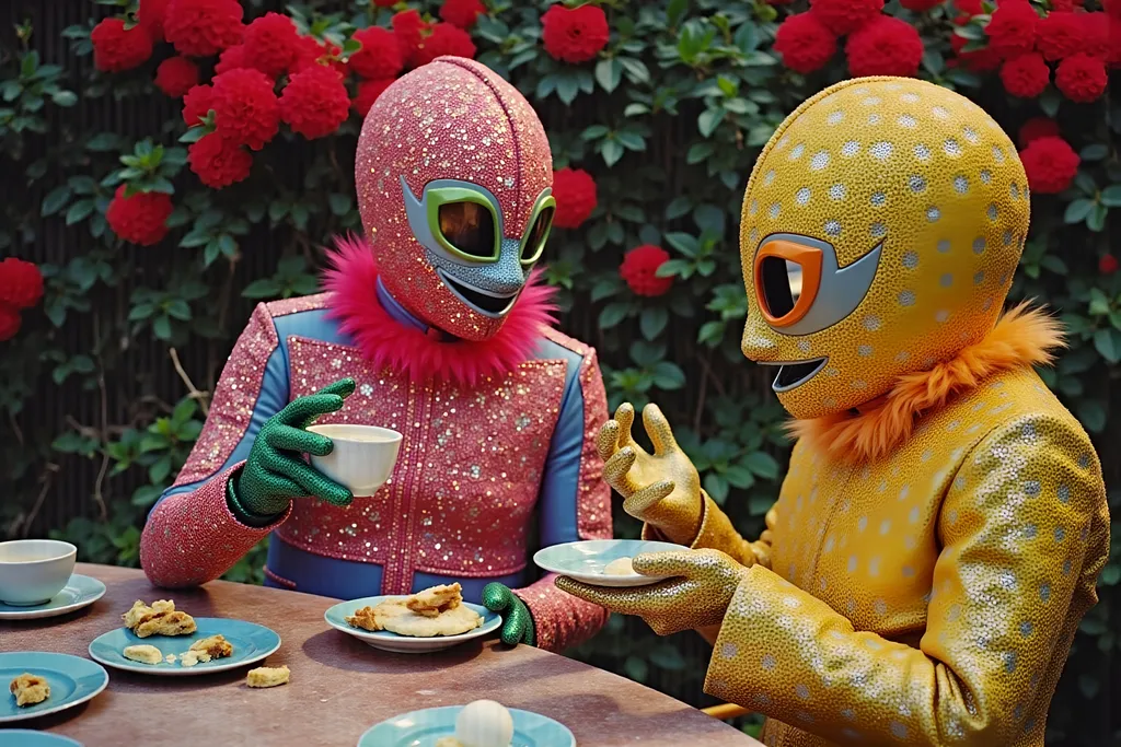 Prompt: masked luchadores dressed sparkly feathered  suit, drinking tea  in a fancy garden