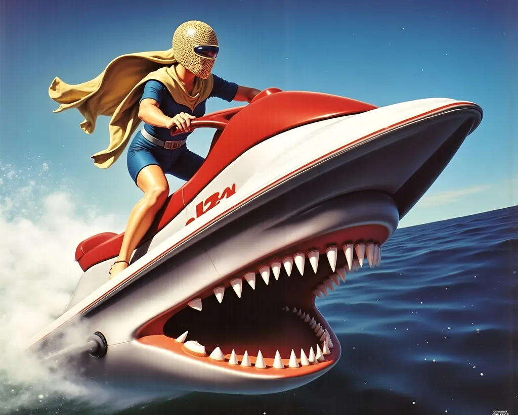 Prompt: female Luchador wrestler (dressed in full body luchador costume with full face luchador mask) riding a  sparkly jet ski, jumping over a huge shark   faded photo, lens flare, wide angle, dynamic pose , retro futurism